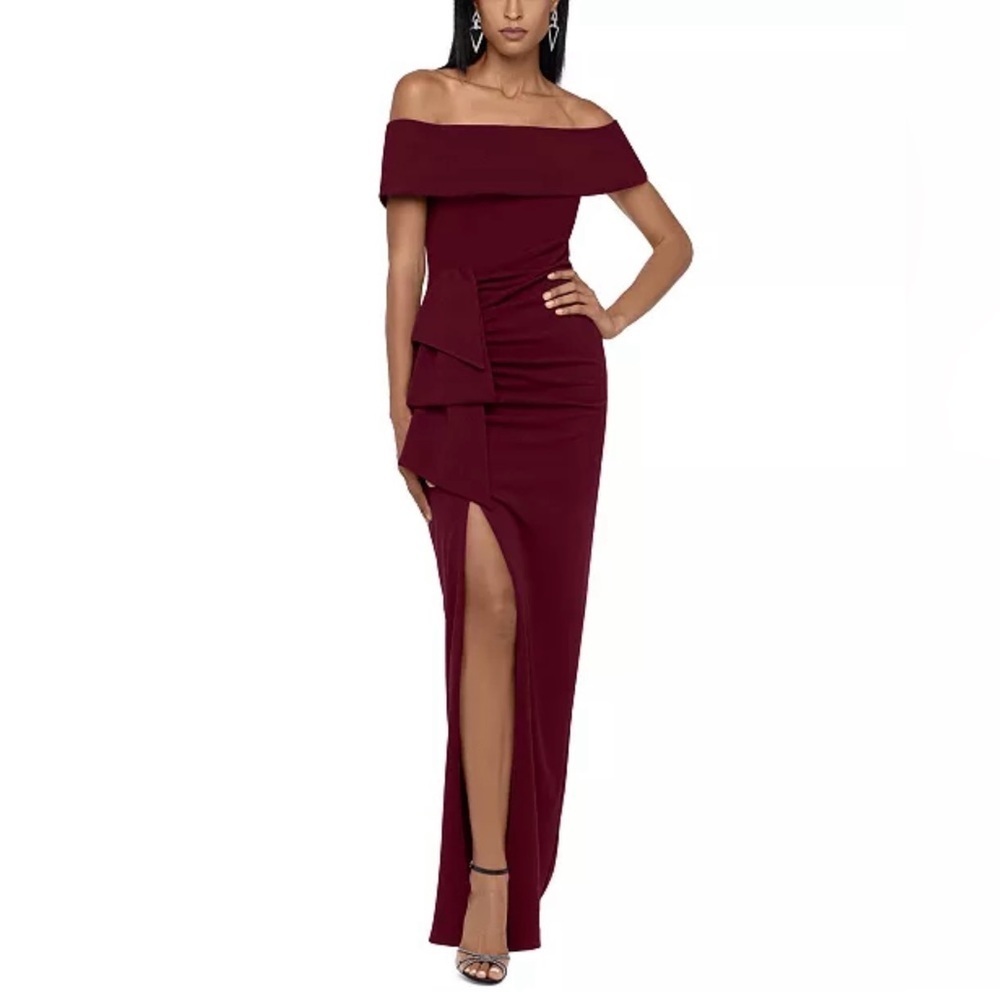 Xscape "PATTI" LONG OFF THE SHOULDER SCUBA CREPE DRESS in Burgandy - Picture 2 of 9